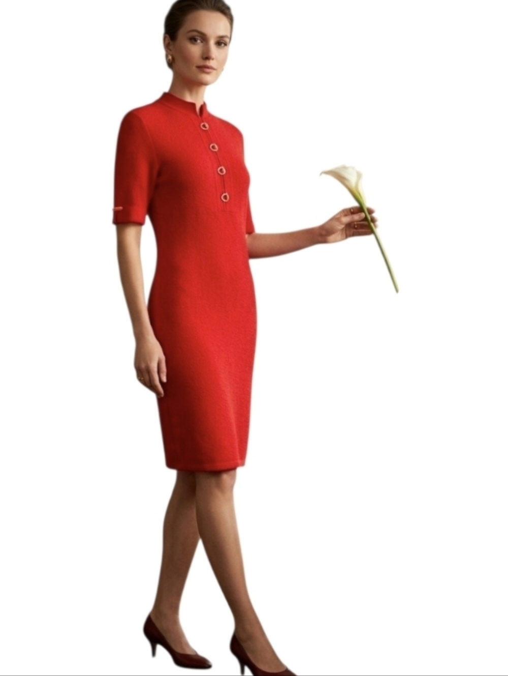 Steve Fabrikant Signature Vintage Red Knit Dress with Gold Button Detail
